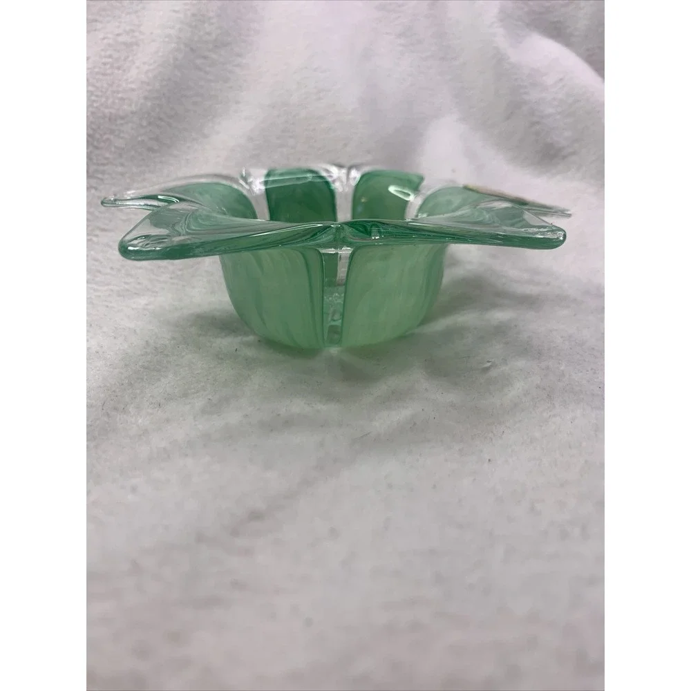 Murano Italy Art Glass‎ Flower Trinket Candy Dish Candle Holder, Green